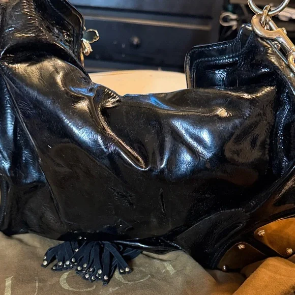 Gucci Black Patent Leather Hobo Bag Gold Hardware Tassel - Picture 6 of 13
